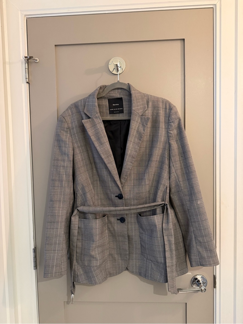 Bershka Gray Plaid Belted Blazer